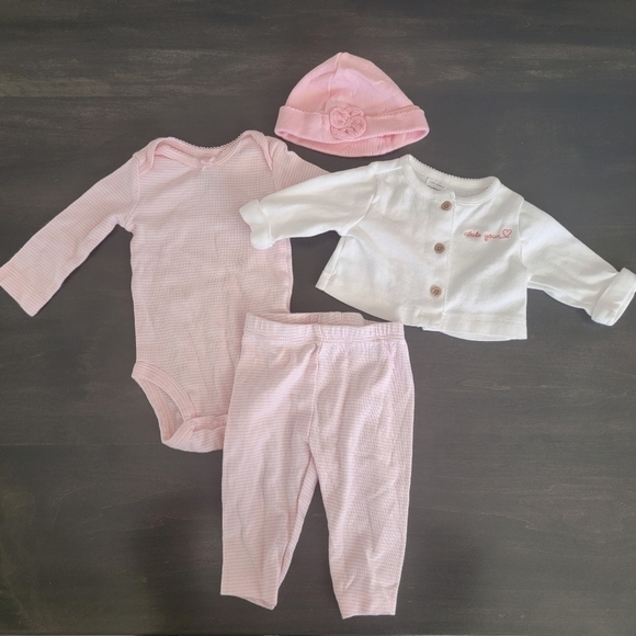Carter's Infant Girl 4 Piece Bundle Pink White Jacket Onesie Pants Cap Size 3mo - Picture 2 of 11